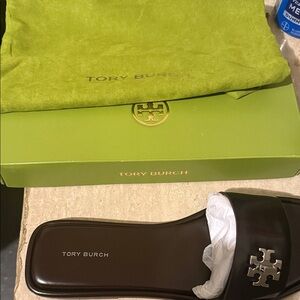 Tory Burch Dark Brown Slides with Gold Logo
